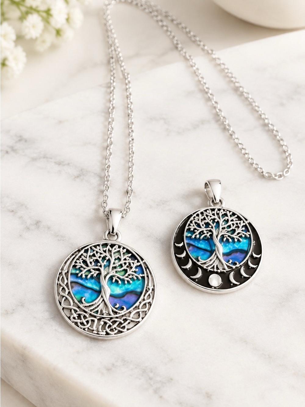 Sterling Silver Tree of Life Abalone (2) Pendant Necklace